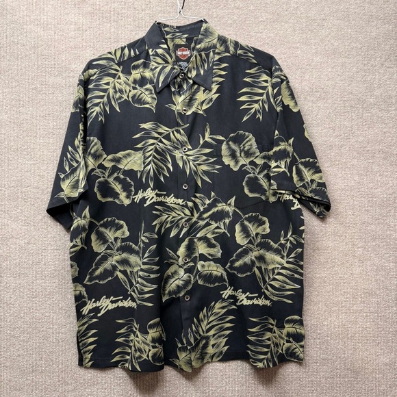 Harley-Davidson Other - Harley Davidson Tori Richard Silk Shirt Mens Large Black Green Tropical Floral L